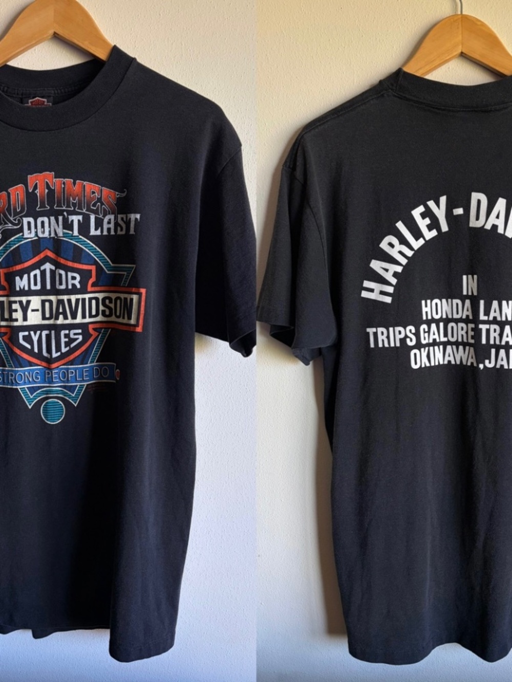 Vtg 91’ Harley Davidson Okinawa Japan “Hard Times Don't Last” 3D Emblem Shirt